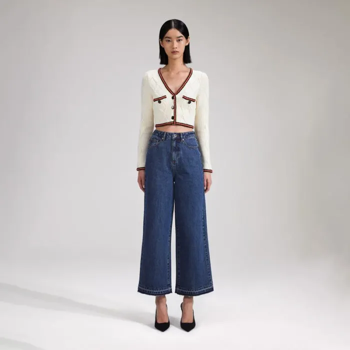Knitwear Woman SelfPortrait Cream Cable Knit Cropped Cardigan