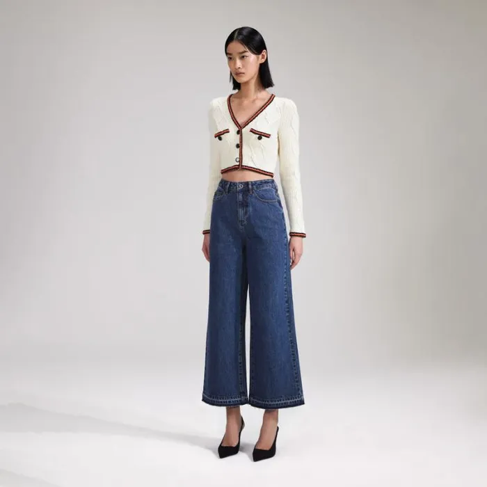 Knitwear Woman SelfPortrait Cream Cable Knit Cropped Cardigan Knitwear Woman SelfPortrait Cream Cable Knit Cropped Cardigan