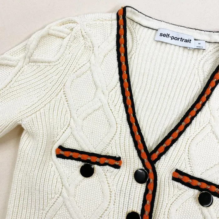 Knitwear Woman SelfPortrait Cream Cable Knit Cropped Cardigan Knitwear Woman SelfPortrait Cream Cable Knit Cropped Cardigan