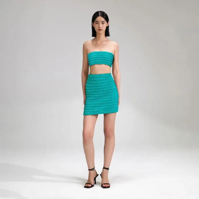 Knitwear Woman SelfPortrait Green Beaded Knit Bandeau Top