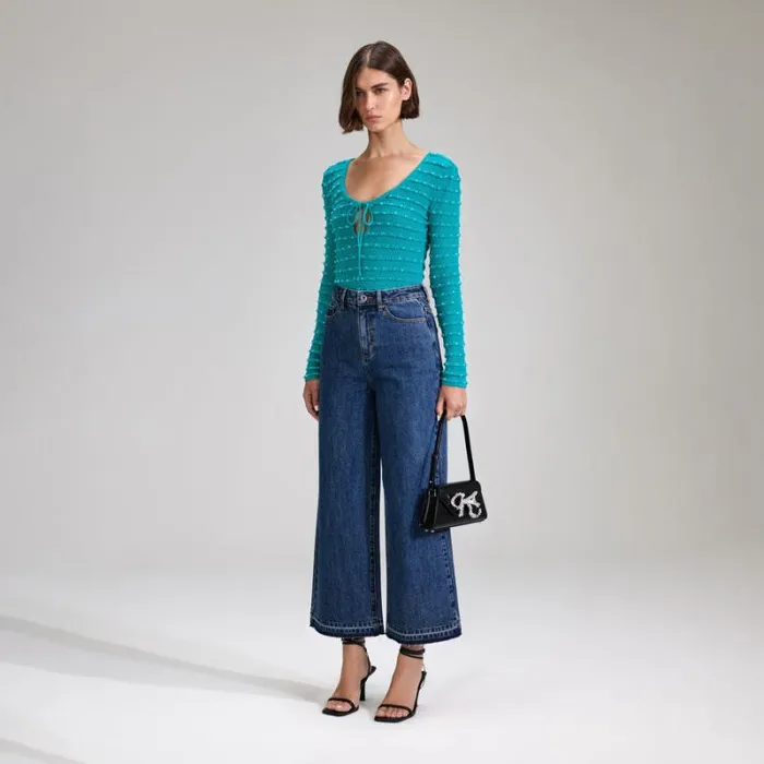 Knitwear Woman SelfPortrait Green Beaded Knit Top Knitwear Woman SelfPortrait Green Beaded Knit Top