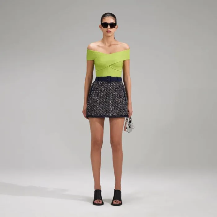 Knitwear Woman SelfPortrait Green Lurex Knit Off Shoulder Top