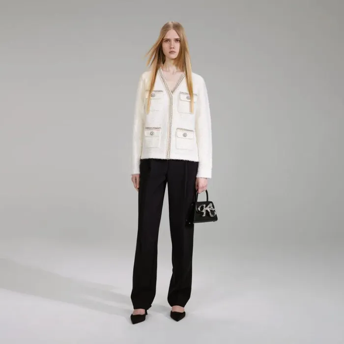 Knitwear Woman SelfPortrait White Tape Knit Cardigan