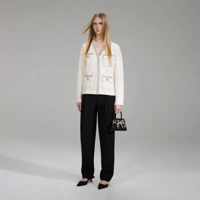 Knitwear Woman SelfPortrait White Tape Knit Cardigan Knitwear Woman SelfPortrait White Tape Knit Cardigan