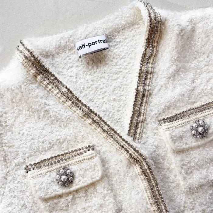 Knitwear Woman SelfPortrait White Tape Knit Cardigan Knitwear Woman SelfPortrait White Tape Knit Cardigan
