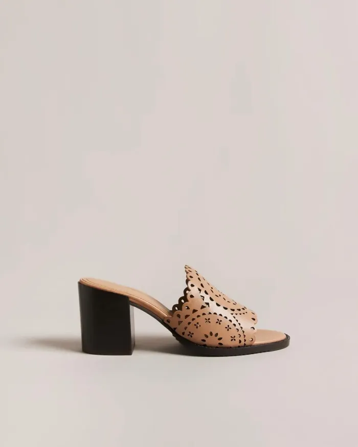 Laser Cut Block Heel Sandal Light Brown Women Ted Baker Sandals and Sliders