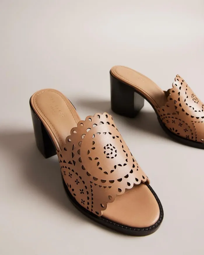 Laser Cut Block Heel Sandal Light Brown Women Ted Baker Sandals and Sliders
