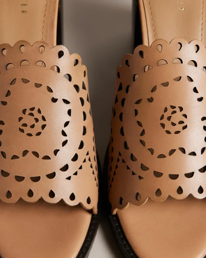 Laser Cut Block Heel Sandal Light Brown Women Ted Baker Sandals and Sliders