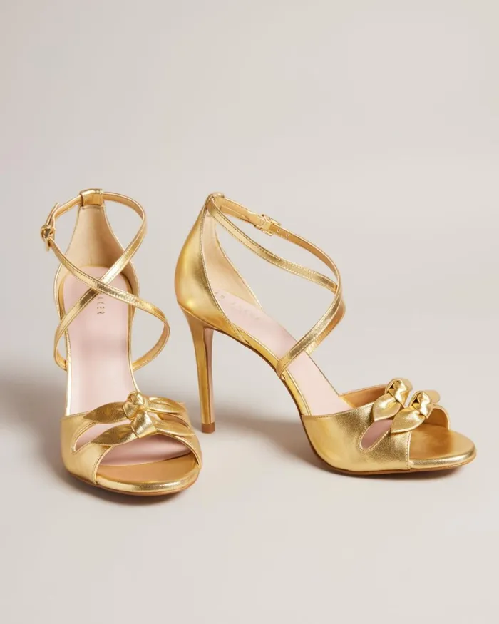 Leather Bow Heeled Sandals Gold Women Ted Baker Sandals and Sliders