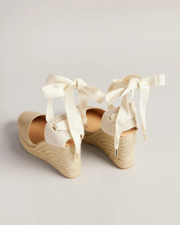 Leather Ribbon Tie Wedges Gold Women Ted Baker Sandals and Sliders