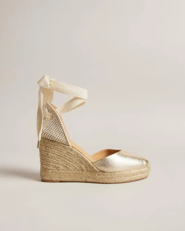 Leather Ribbon Tie Wedges Gold Women Ted Baker Sandals and Sliders Leather Ribbon Tie Wedges Gold Women Ted Baker Sandals and Sliders