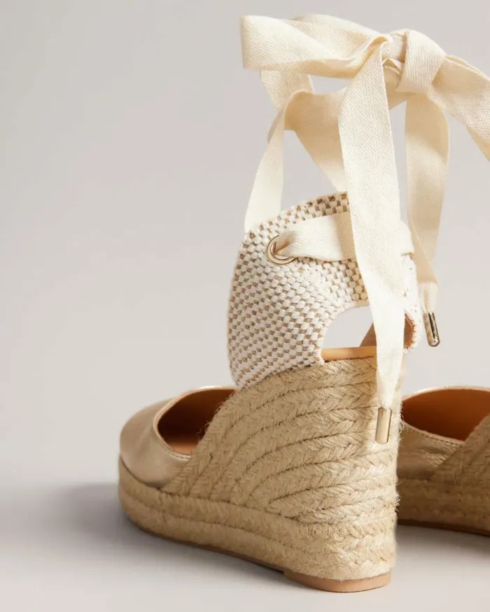 Leather Ribbon Tie Wedges Gold Women Ted Baker Sandals and Sliders Leather Ribbon Tie Wedges Gold Women Ted Baker Sandals and Sliders