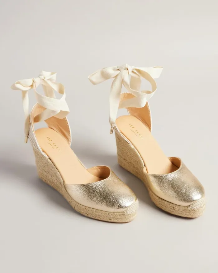 Leather Ribbon Tie Wedges Gold Women Ted Baker Sandals and Sliders Leather Ribbon Tie Wedges Gold Women Ted Baker Sandals and Sliders