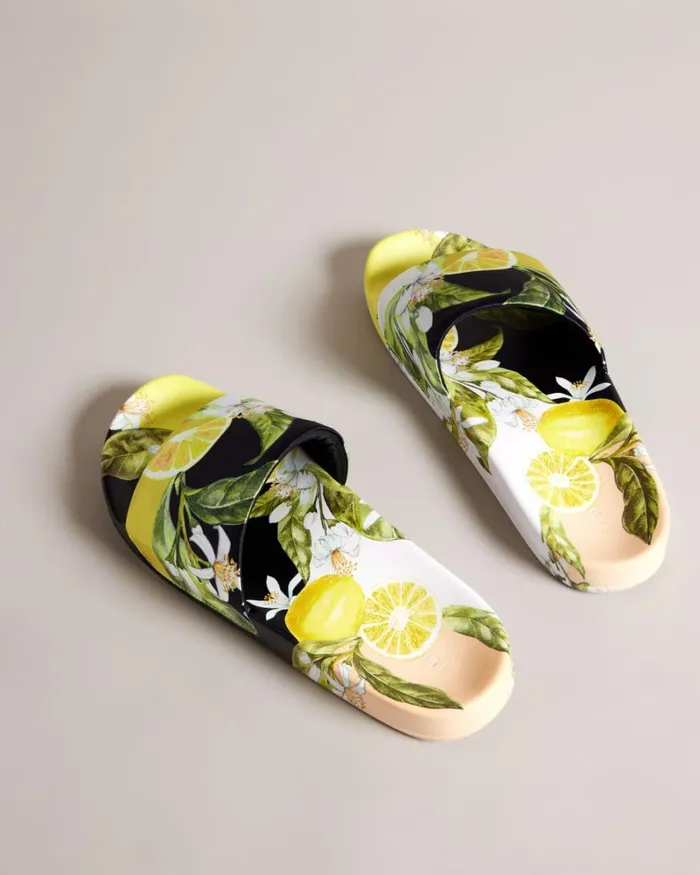 Lemon Print Satin Slider Yellow Women Ted Baker Sandals and Sliders