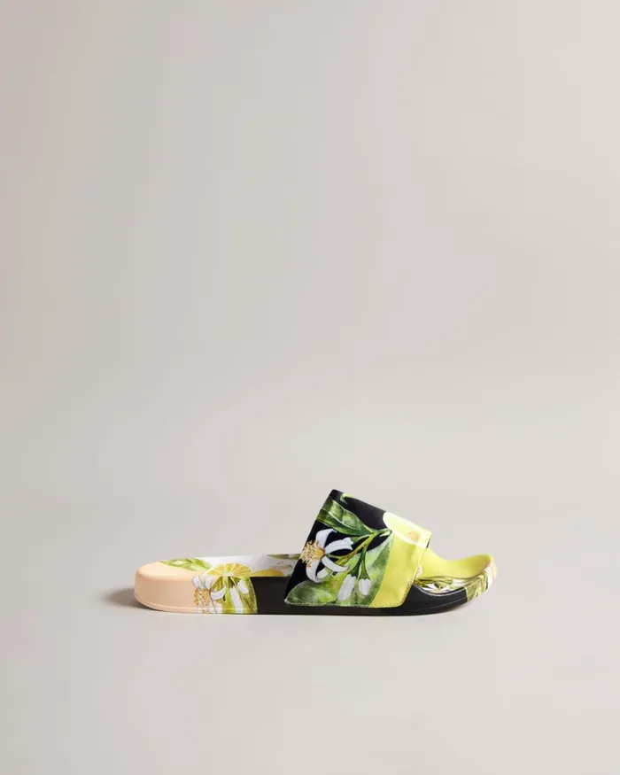 Lemon Print Satin Slider Yellow Women Ted Baker Sandals and Sliders Lemon Print Satin Slider Yellow Women Ted Baker Sandals and Sliders