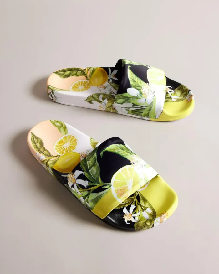 Lemon Print Satin Slider Yellow Women Ted Baker Sandals and Sliders Lemon Print Satin Slider Yellow Women Ted Baker Sandals and Sliders