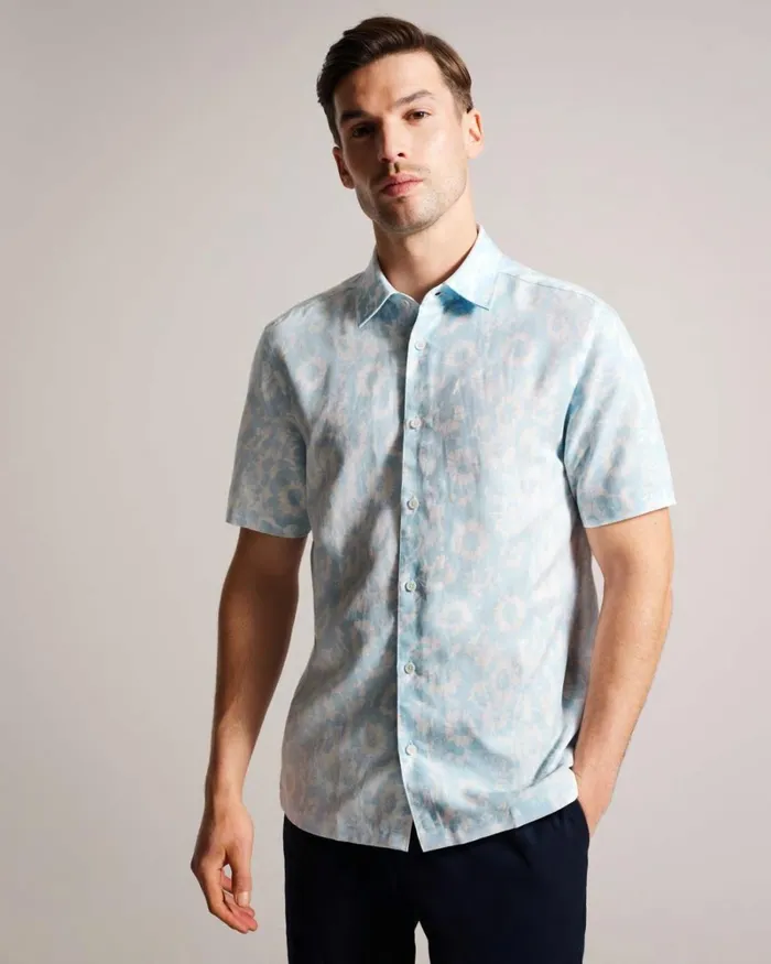 Linen Blend Floral Print Shirt Light Blue Men Ted Baker Clothing