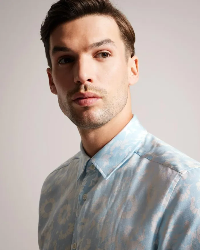 Linen Blend Floral Print Shirt Light Blue Men Ted Baker Clothing