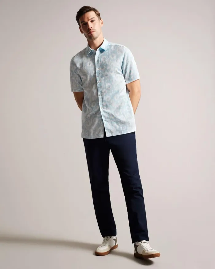 Linen Blend Floral Print Shirt Light Blue Men Ted Baker Clothing