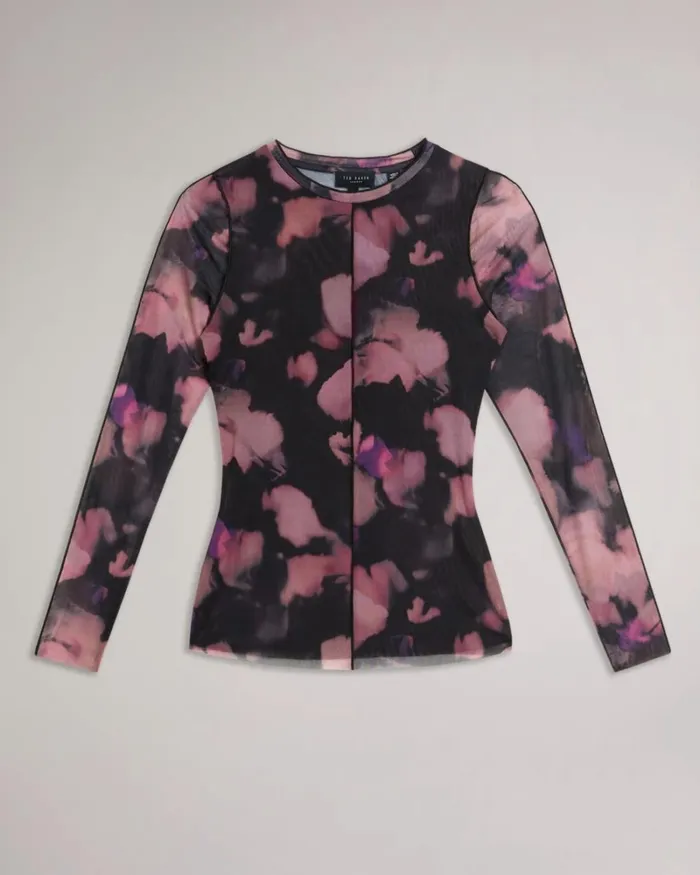 Long Sleeve Abstract Print Mesh Top Black Women Ted Baker Clothing