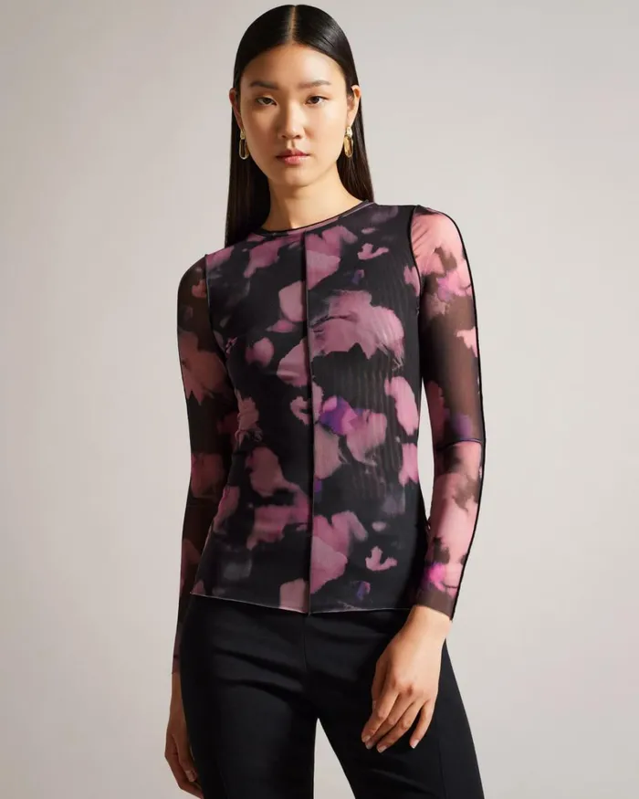 Long Sleeve Abstract Print Mesh Top Black Women Ted Baker Clothing Long Sleeve Abstract Print Mesh Top Black Women Ted Baker Clothing