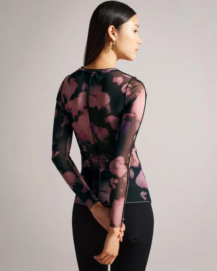 Long Sleeve Abstract Print Mesh Top Black Women Ted Baker Clothing Long Sleeve Abstract Print Mesh Top Black Women Ted Baker Clothing