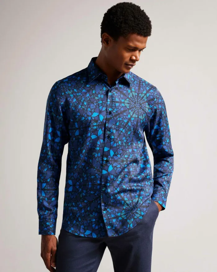 Long Sleeve Butterfly Print Shirt Blue Men Ted Baker Clothing