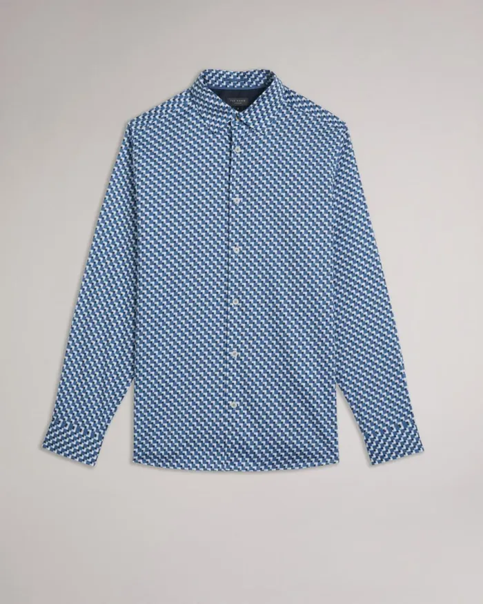 Long Sleeve Cotton Stretch Geometric Shirt Dark Blue Men Ted Baker Clothing