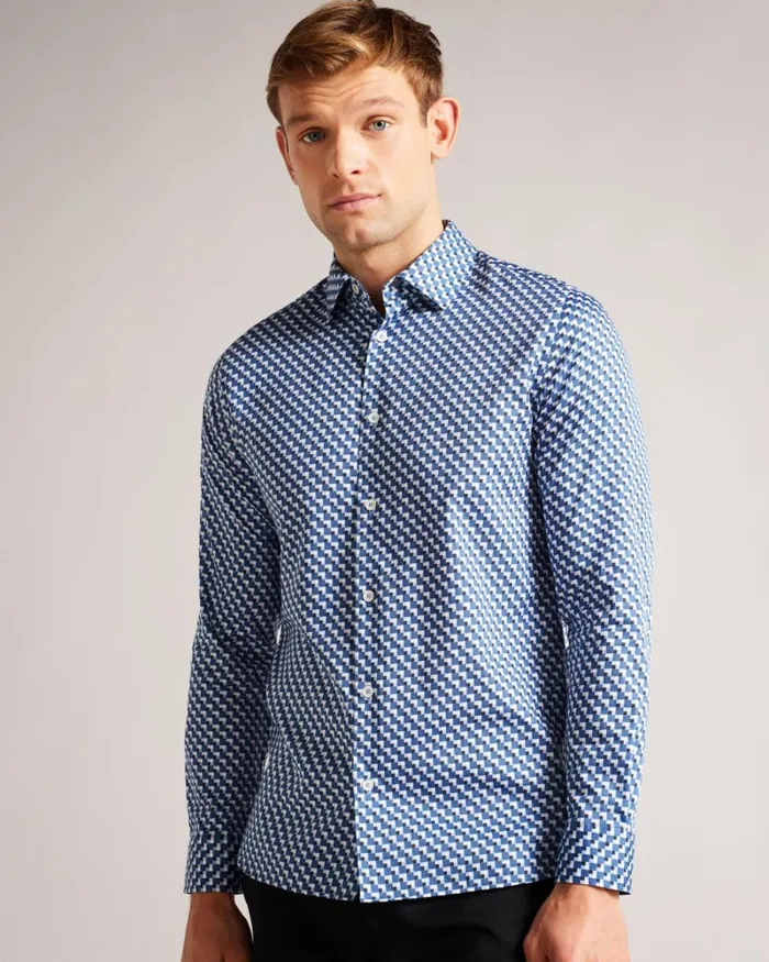 Long Sleeve Cotton Stretch Geometric Shirt Dark Blue Men Ted Baker Clothing Long Sleeve Cotton Stretch Geometric Shirt Dark Blue Men Ted Baker Clothing