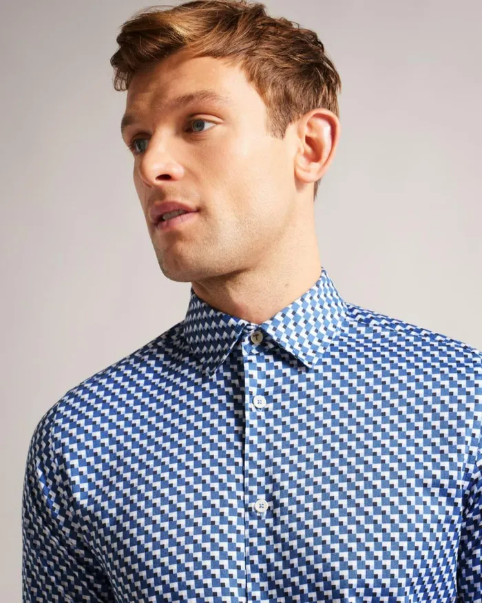 Long Sleeve Cotton Stretch Geometric Shirt Dark Blue Men Ted Baker Clothing Long Sleeve Cotton Stretch Geometric Shirt Dark Blue Men Ted Baker Clothing