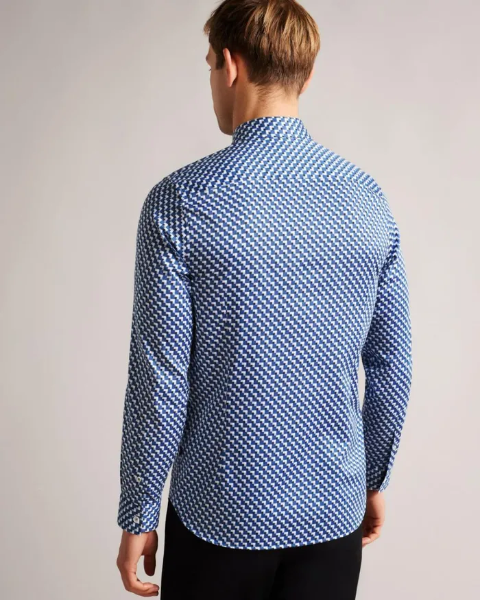 Long Sleeve Cotton Stretch Geometric Shirt Dark Blue Men Ted Baker Clothing Long Sleeve Cotton Stretch Geometric Shirt Dark Blue Men Ted Baker Clothing