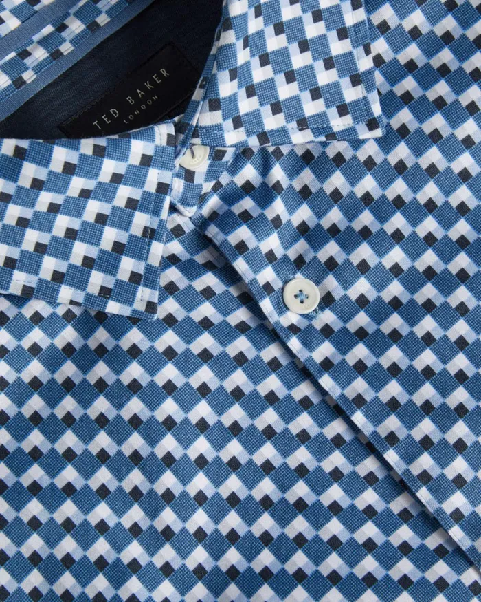 Long Sleeve Cotton Stretch Geometric Shirt Dark Blue Men Ted Baker Clothing Long Sleeve Cotton Stretch Geometric Shirt Dark Blue Men Ted Baker Clothing