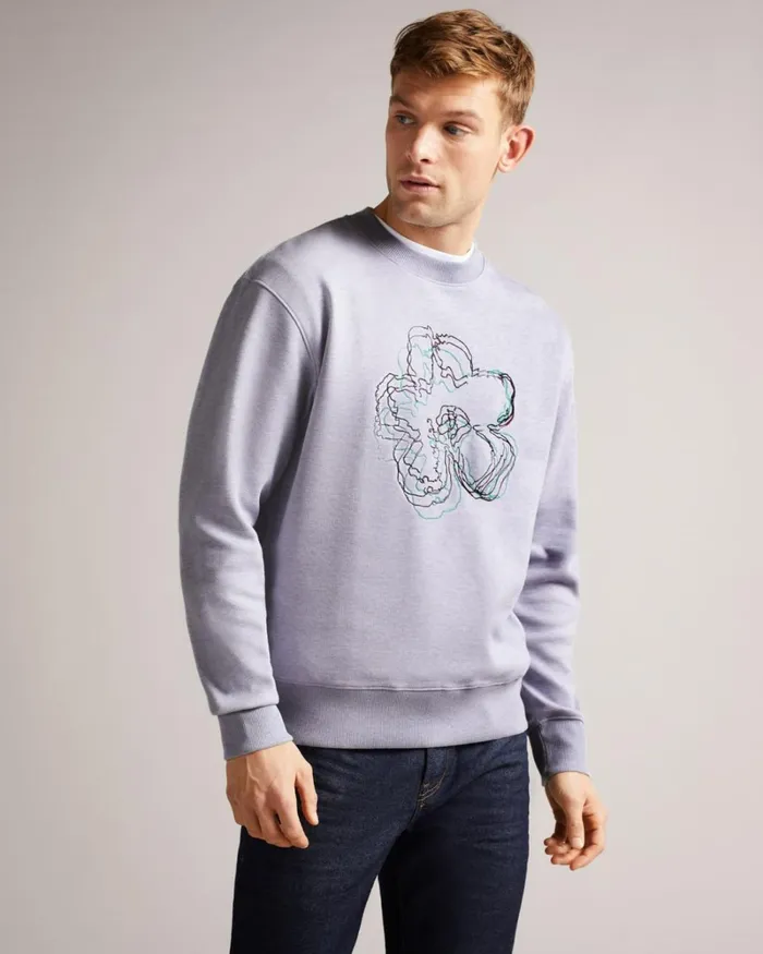 Long Sleeve Embroidered Flower Sweatshirt Light Purple Men Ted Baker Clothing Long Sleeve Embroidered Flower Sweatshirt Light Purple Men Ted Baker Clothing