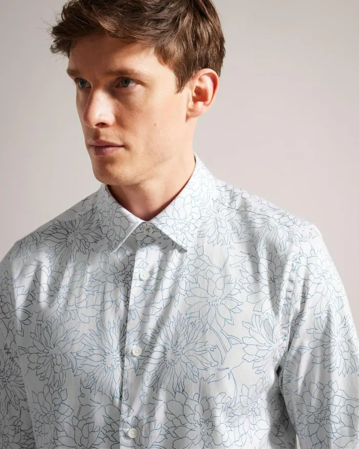 Long Sleeve Floral Outline Print Shirt White Men Ted Baker Clothing Long Sleeve Floral Outline Print Shirt White Men Ted Baker Clothing