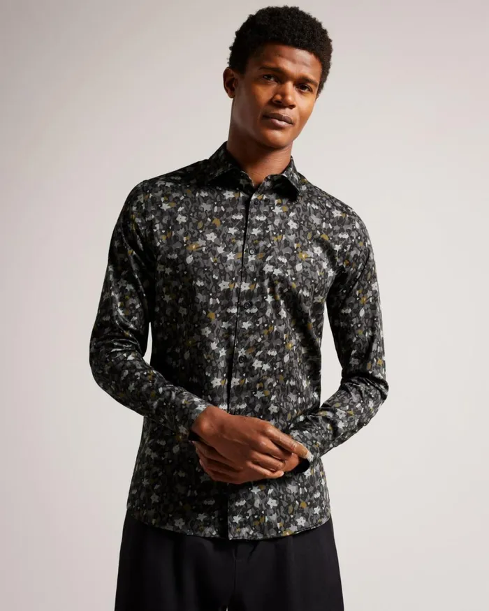 Long Sleeve Floral Print Shirt Gray Men Ted Baker Clothing Long Sleeve Floral Print Shirt Gray Men Ted Baker Clothing