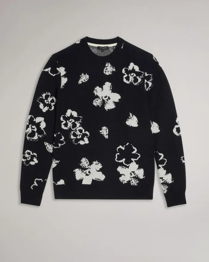 Long Sleeve Flower Graphic Crew Neck Tee Dark Navy Men Ted Baker Clothing