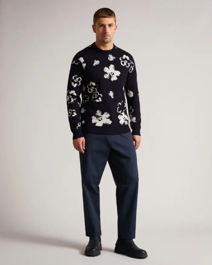 Long Sleeve Flower Graphic Crew Neck Tee Dark Navy Men Ted Baker Clothing