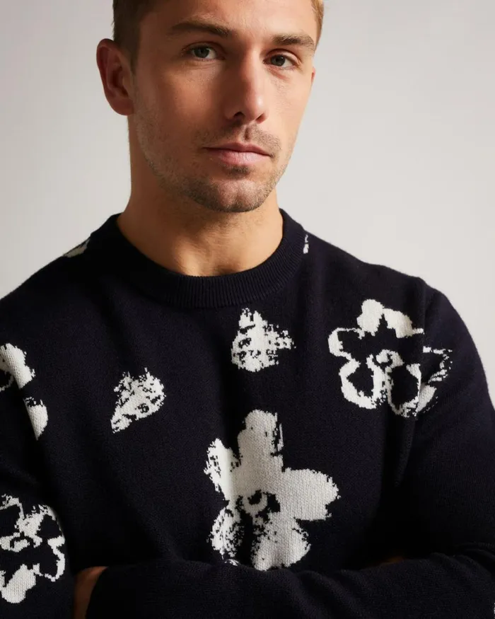 Long Sleeve Flower Graphic Crew Neck Tee Dark Navy Men Ted Baker Clothing