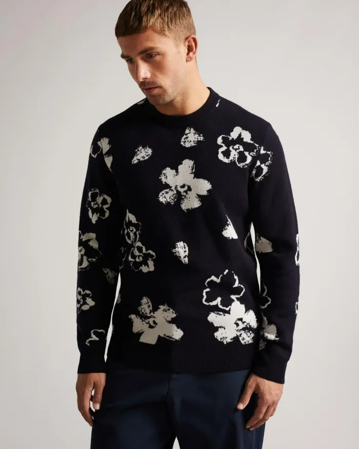 Long Sleeve Flower Graphic Crew Neck Tee Dark Navy Men Ted Baker Clothing