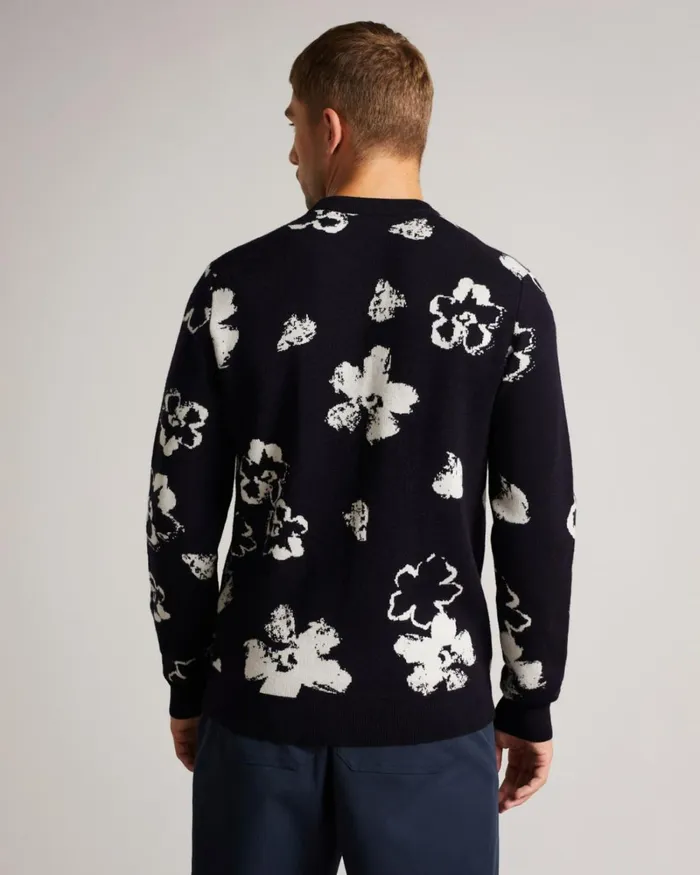 Long Sleeve Flower Graphic Crew Neck Tee Dark Navy Men Ted Baker Clothing
