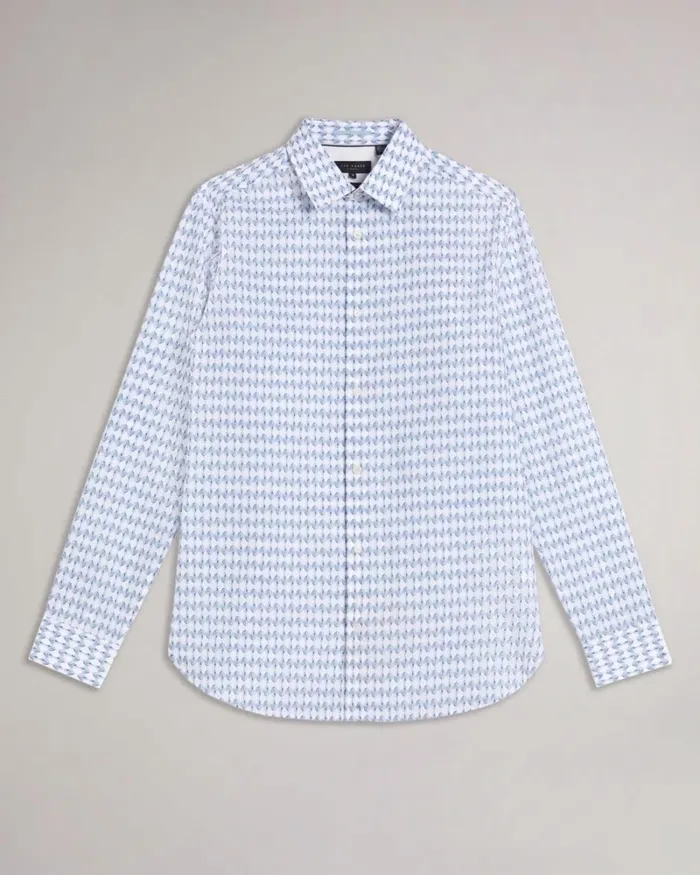Long Sleeve Geometric Leaf Print Shirt Pale Blue Men Ted Baker Clothing