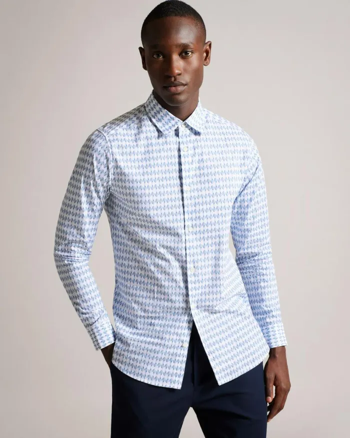 Long Sleeve Geometric Leaf Print Shirt Pale Blue Men Ted Baker Clothing Long Sleeve Geometric Leaf Print Shirt Pale Blue Men Ted Baker Clothing