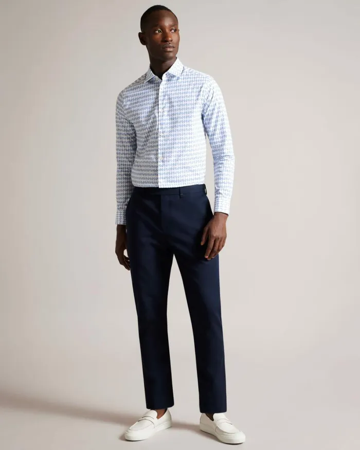 Long Sleeve Geometric Leaf Print Shirt Pale Blue Men Ted Baker Clothing Long Sleeve Geometric Leaf Print Shirt Pale Blue Men Ted Baker Clothing