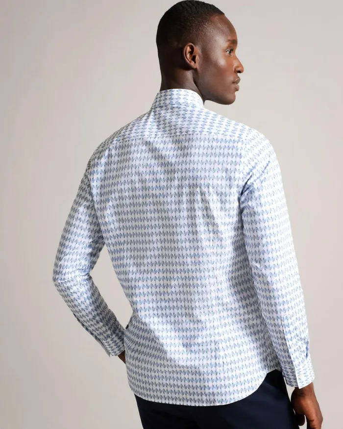 Long Sleeve Geometric Leaf Print Shirt Pale Blue Men Ted Baker Clothing Long Sleeve Geometric Leaf Print Shirt Pale Blue Men Ted Baker Clothing