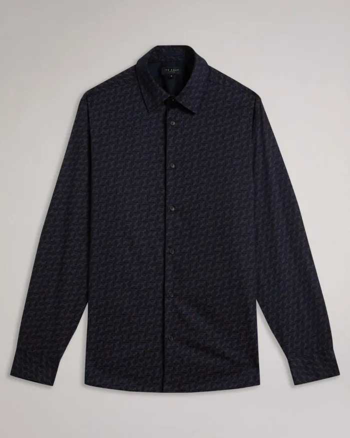 Long Sleeve Geometric Moth Print Shirt Navy Men Ted Baker Clothing