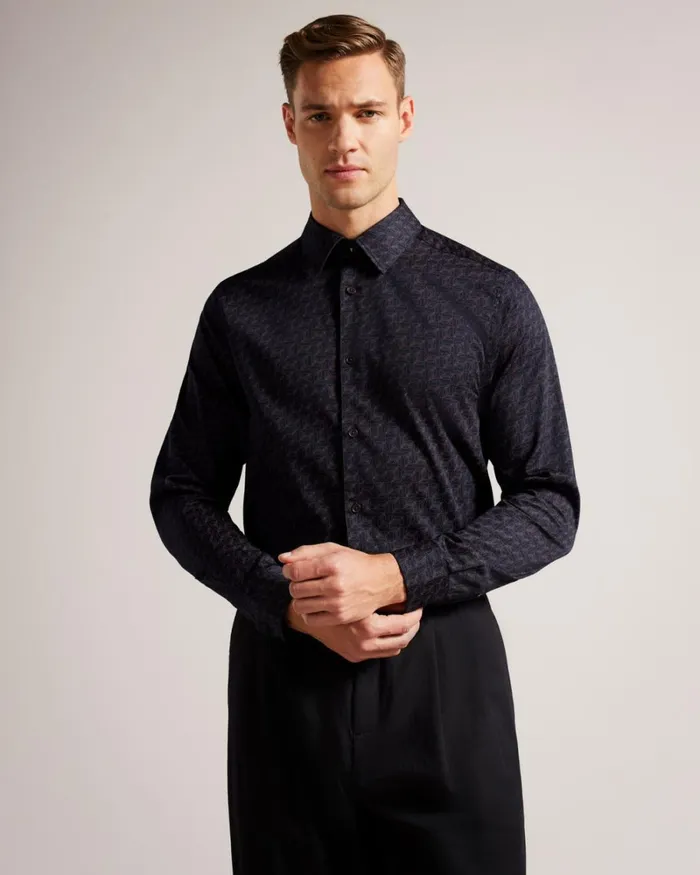 Long Sleeve Geometric Moth Print Shirt Navy Men Ted Baker Clothing Long Sleeve Geometric Moth Print Shirt Navy Men Ted Baker Clothing