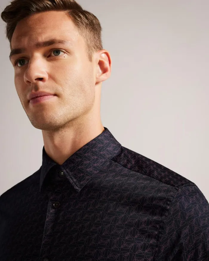 Long Sleeve Geometric Moth Print Shirt Navy Men Ted Baker Clothing Long Sleeve Geometric Moth Print Shirt Navy Men Ted Baker Clothing