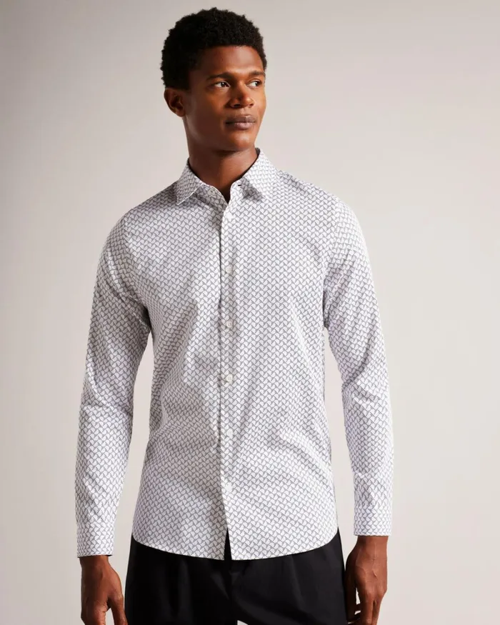 Long Sleeve Geometric Print Shirt White Men Ted Baker Clothing Long Sleeve Geometric Print Shirt White Men Ted Baker Clothing
