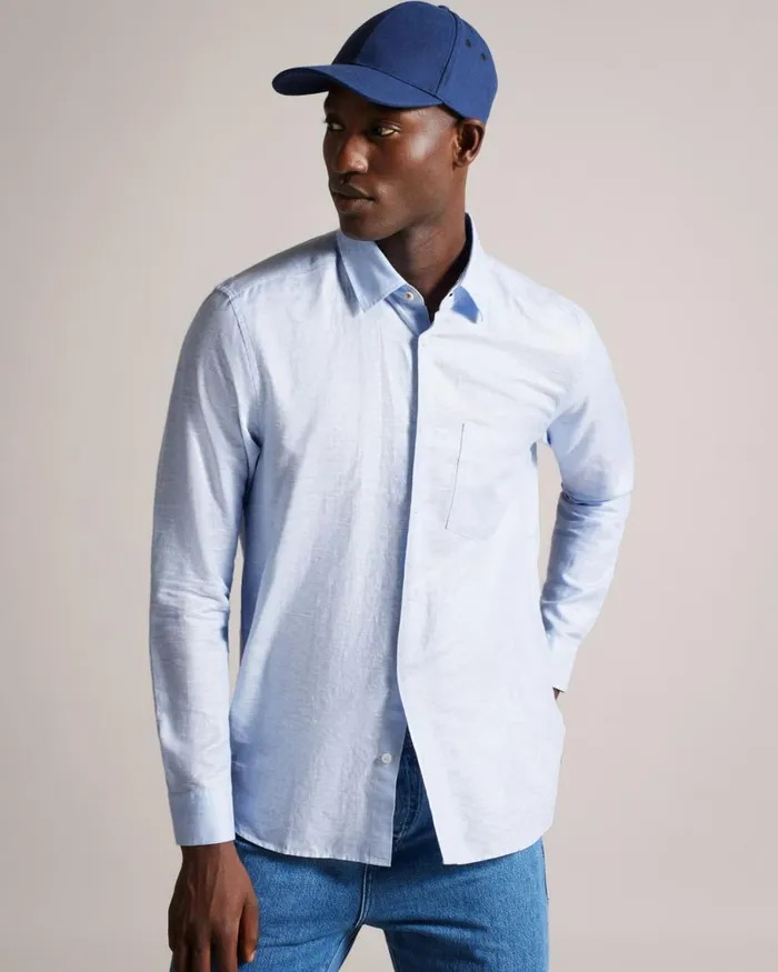 Long Sleeve Linen Blend Shirt Light Blue Men Ted Baker Clothing Long Sleeve Linen Blend Shirt Light Blue Men Ted Baker Clothing