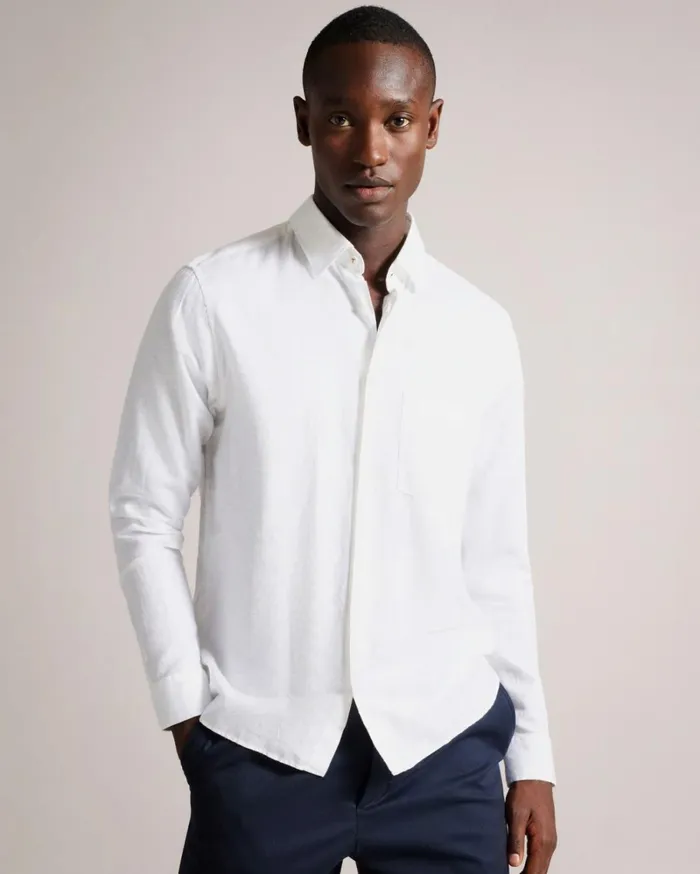 Long Sleeve Linen Blend Shirt White Men Ted Baker Clothing Long Sleeve Linen Blend Shirt White Men Ted Baker Clothing